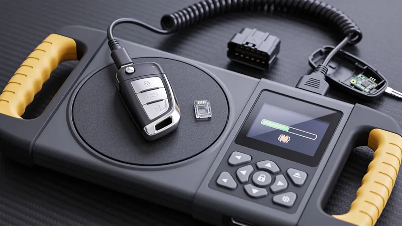 Chave canivete automotiva sobre a antena de um programador de chaves com tela de progresso, conector de diagnóstico, chip transponder e controle aberto com placa eletrônica