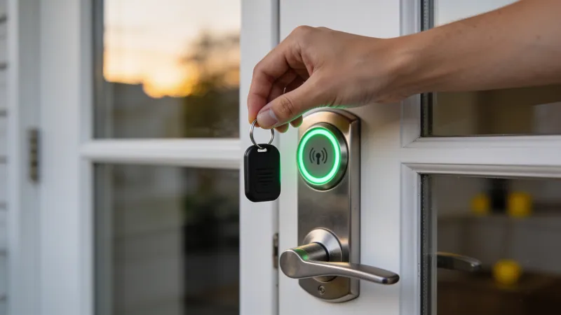 Mão aproxima uma tag de acesso preta do leitor com anel de luz verde de uma fechadura eletrônica de aço escovado instalada em porta branca