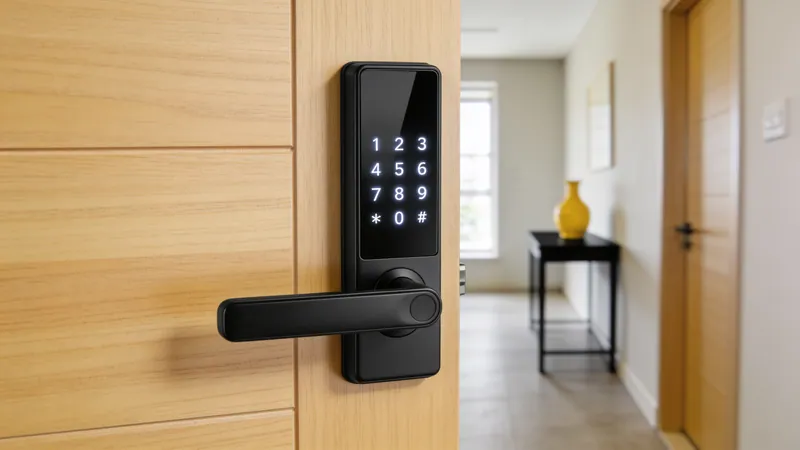 Fechadura digital preta com teclado numérico iluminado e maçaneta de alavanca instalada em porta de madeira clara, com corredor de apartamento ao fundo